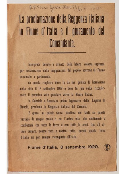 La proclamazione della Reggenza italiana in Fiume d'Italia e il giuramento del comandante - Volantino